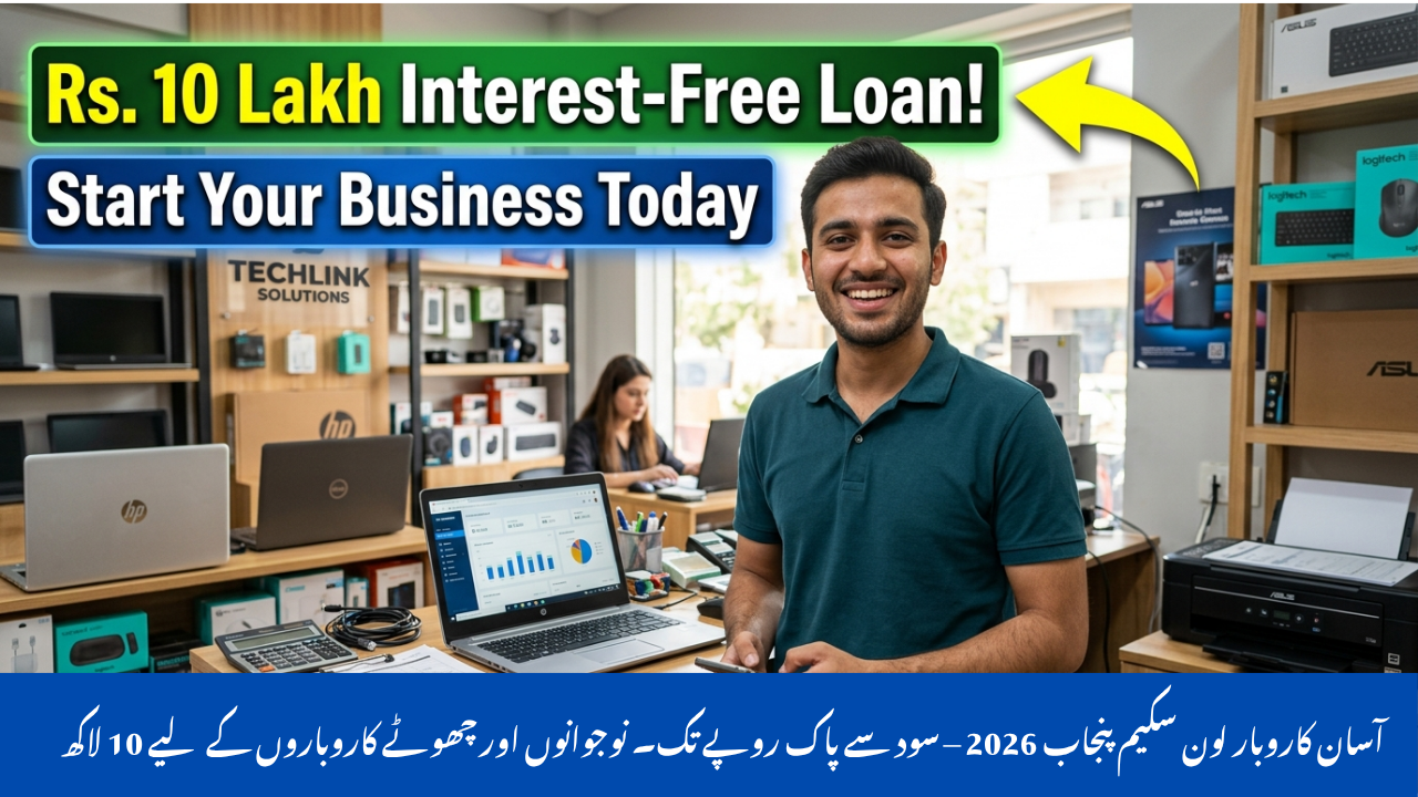Young Pakistani entrepreneur standing in a small business shop or office, looking confident and happy, with business items like laptop and documents in the background, representing Asan Karobar Loan Scheme with text overlay about Rs. 10 lakh interest-free loan for starting a business.