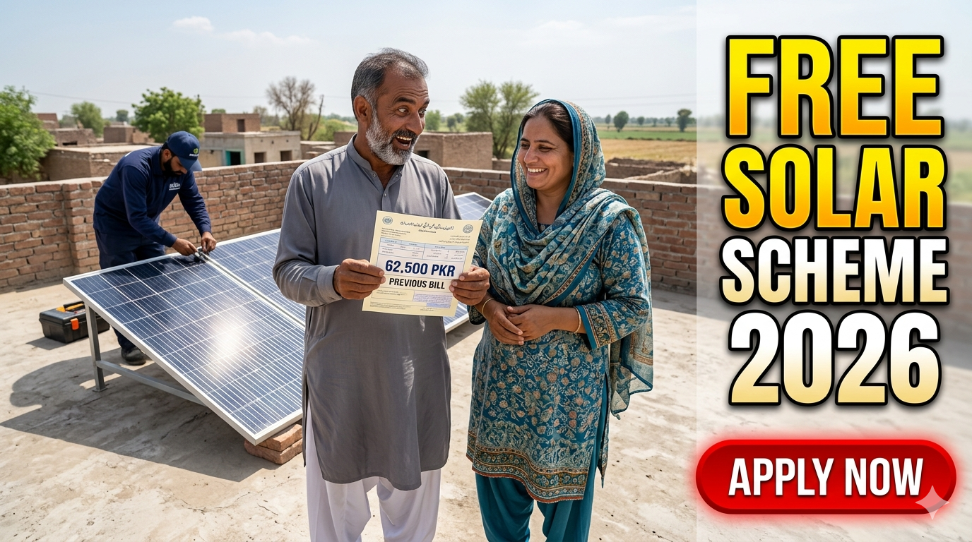 یوٹیوب تھمب نیل میں ایک پاکستانی دیہی خاندان اپنے گھر کی چھت پر لگے سولر پینلز کے ساتھ دکھایا گیا ہے، آدمی ہاتھ میں بجلی کا بل پکڑے خوش نظر آ رہا ہے، اور سائیڈ پر سرخ رنگ کا "ابھی اپلائی کریں" بٹن موجود ہے، جو فری سولر پینل اسکیم 2026 پاکستان کی نمائندگی کرتا ہے۔