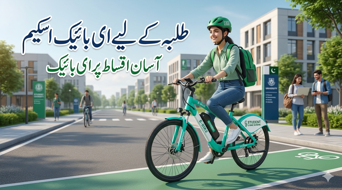 "Student riding an electric bike on campus promoting Pakistan's E-Bike Scheme for students, with Urdu text 'طلبہ کے لیے ای بائیک اسکیم'."