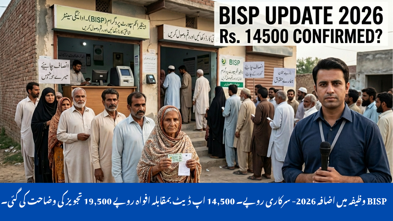 Realistic scene of Pakistani citizens waiting in line outside a government payment center for BISP stipend 2026 update, with news reporter holding microphone