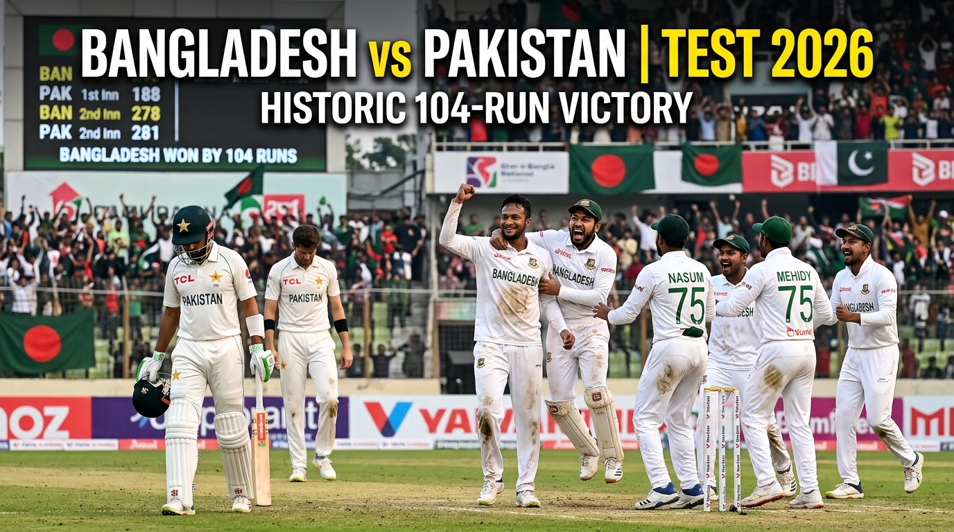Bangladesh cricket players celebrating a historic 104-run Test victory over Pakistan during the Bangladesh vs Pakistan Test 2026 match inside a realistic cricket stadium.