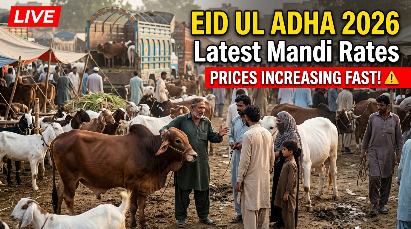 Pakistani cattle mandi during Eid ul Adha 2026 with goats, cows, and bulls, people in traditional shalwar kameez negotiating prices, livestock trucks, dusty market atmosphere, and bold text saying “Latest Mandi Rates” and “Prices Increasing Fast” in a news-style layout.