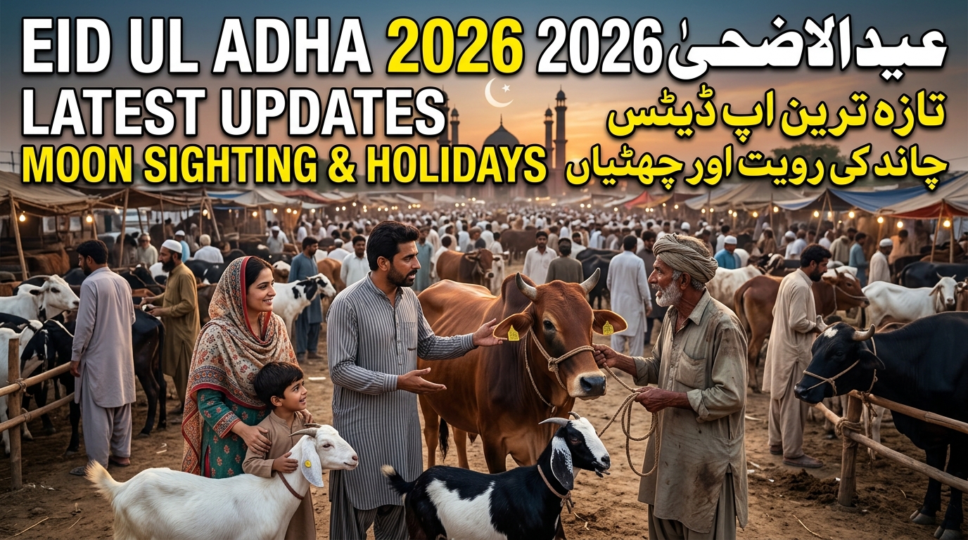Realistic Eid ul Adha 2026 YouTube thumbnail showing a busy Pakistani cattle market with cows, goats, traditional livestock sellers, families in shalwar kameez, mosque background, and latest moon sighting and holiday updates text.