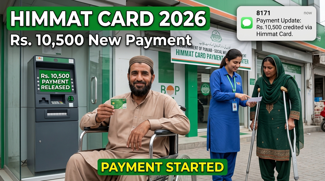 Pakistani beneficiaries receiving Himmat Card 2026 payment of Rs. 10,500 at a Bank of Punjab ATM with 8171 payment update notification.