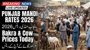Realistic Eid ul Adha 2026 cattle market in Punjab Pakistan showing Pakistani farmers and buyers in traditional shalwar kameez with bakras, cows, bulls, and dumba animals inside a crowded mandi with price discussion and market activity.