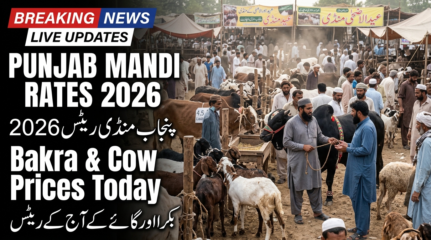 Realistic Eid ul Adha 2026 cattle market in Punjab Pakistan showing Pakistani farmers and buyers in traditional shalwar kameez with bakras, cows, bulls, and dumba animals inside a crowded mandi with price discussion and market activity.