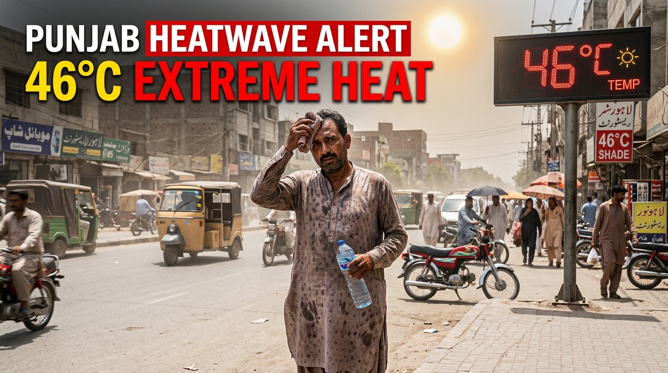 A realistic YouTube thumbnail showing a Pakistani man standing on a hot street in Punjab during an extreme heatwave, wiping sweat from his face while holding a water bottle. Bright sunlight, dusty hazy air, and a roadside digital display showing 46°C emphasize the dangerous weather conditions. Bold text reads “Punjab Heatwave Alert” and “46°C Extreme Heat.”