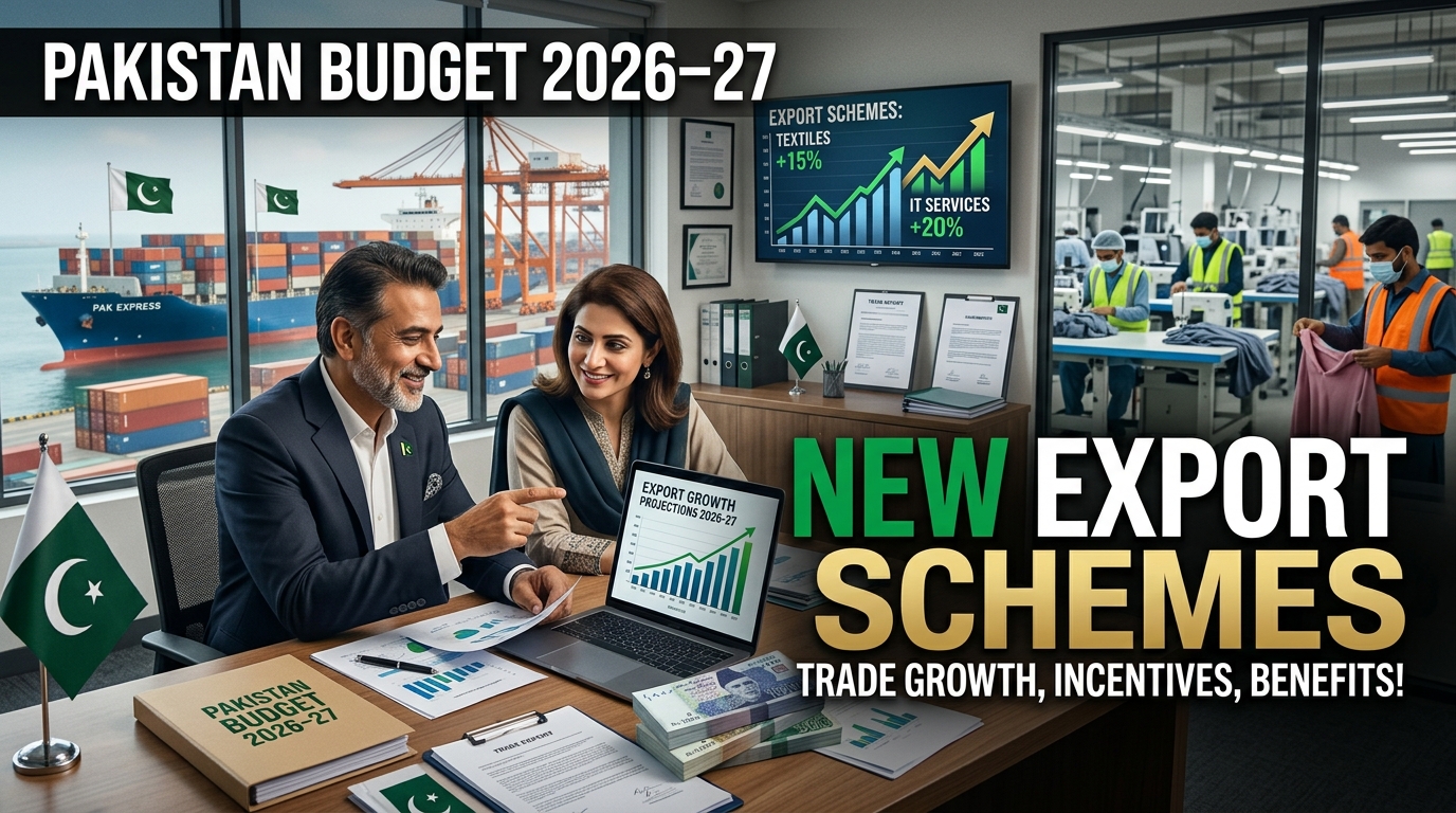 پاکستان بجٹ 2026-27 ایکسپورٹ پروموشن اسکیمز، پاکستانی ایکسپورٹرز اور کاروباری افراد کا برآمدات میں اضافہ اور نئی تجارتی پالیسیوں پر گفتگو، جدید آفس ماحول، شپنگ کنٹینرز اور صنعتی ترقی کا حقیقی منظر۔