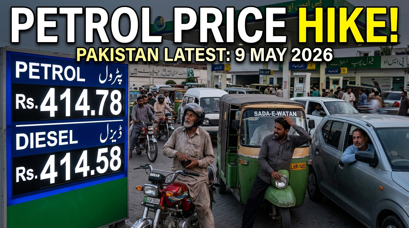 Official Government of Pakistan Ministry of Energy (Petroleum Division) press release announcing increased petrol and diesel prices effective 9 May 2026, showing new fuel rates of Rs. 414.78 for petrol and Rs. 414.58 for high-speed diesel.