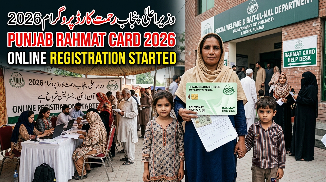 Realistic YouTube thumbnail showing a Pakistani widow mother with two children holding registration documents for the Punjab Rahmat Card Program 2026 outside a Punjab government welfare office, with official-style banners and a Rahmat Card graphic in the foreground.