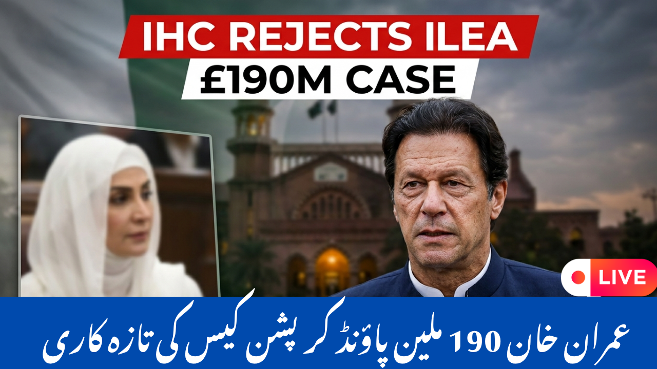 Imran Khan £190 million corruption case update thumbnail showing Imran Khan and Bushra Bibi with Islamabad High Court background