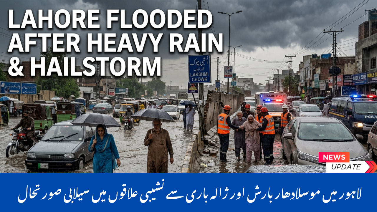 Heavy rain and hailstorm flooding streets in Lahore with cars stuck in water, residents walking with umbrellas, and rescue workers helping people during severe weather conditions.