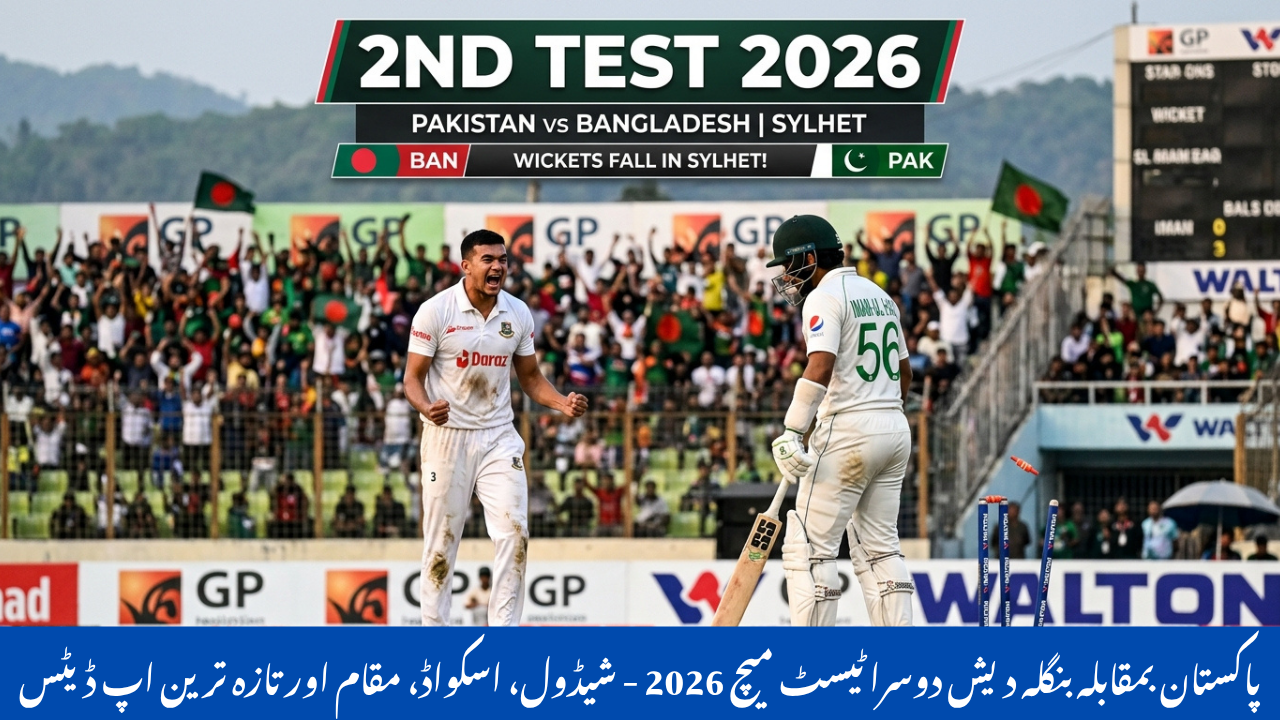 پاکستان اور بنگلہ دیش کے درمیان دوسرے ٹیسٹ میچ 2026 کا حقیقت کے قریب یوٹیوب تھمب نیل، جس میں سلہٹ اسٹیڈیم میں سفید ٹیسٹ یونیفارم پہنے کھلاڑی ایکشن میں نظر آ رہے ہیں، پاکستانی بیٹر شاٹ کھیل رہا ہے جبکہ بنگلہ دیشی بولر وکٹ لینے کے بعد جشن منا رہا ہے، اسٹیڈیم میں شائقین اور اسکور بورڈ کے ساتھ “2nd TEST 2026” نمایاں ہے۔