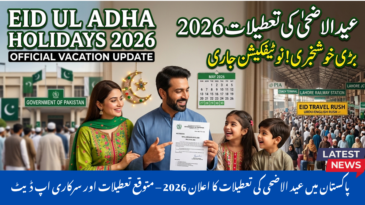 Realistic YouTube thumbnail showing a Pakistani family preparing for Eid ul Adha 2026 with official holiday announcement theme, featuring a government-style notification paper, May 2026 calendar, crescent moon decorations, and crowded travel terminal background in green and white colors.