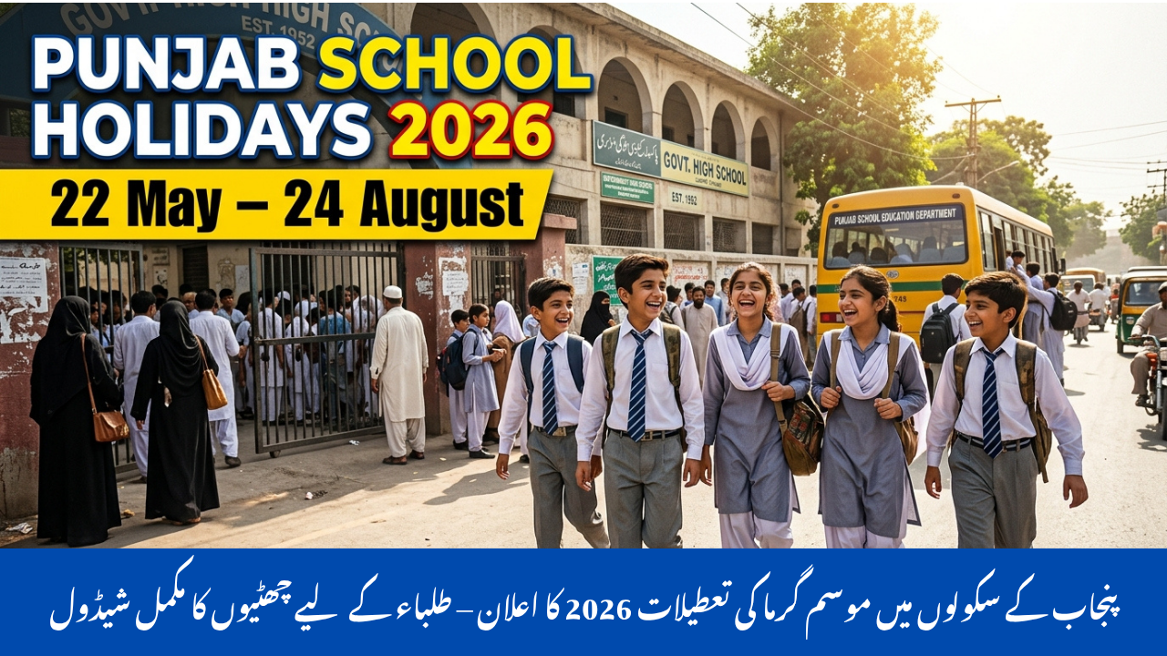 thumbnail showing Punjab school students leaving school during summer vacations 2026 announcement, with school building, buses, teachers, and bold text displaying holiday dates from 22 May to 24 August.